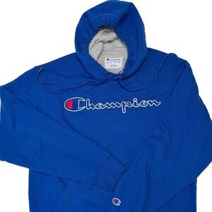 Vintage Champion Royal Blue Embroidered Spellout Hoodie Medium Streetwear